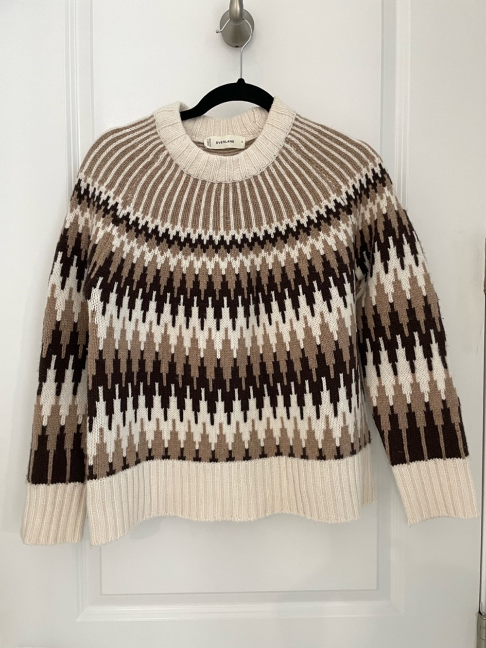 Everlane 100% Wool Fair Isle Crew Neck Sweater Bone/Brown Luxury Warm. ‎  10 - Picture 2 of 12